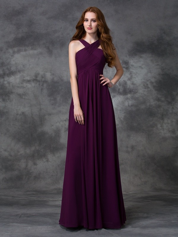 A-line/Princess Straps Ruched Sleeveless Long Chiffon Bridesmaid Dresses 2636