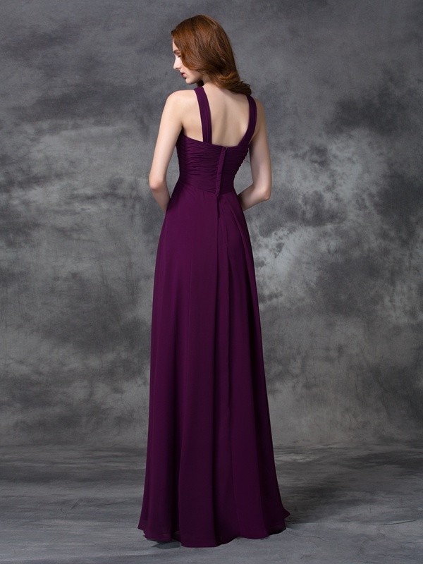 A-line/Princess Straps Ruched Sleeveless Long Chiffon Bridesmaid Dresses 2636