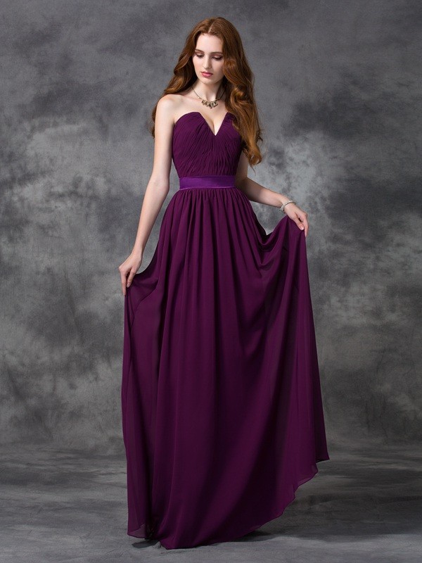 A-line/Princess Sweetheart Ruched Sleeveless Long Chiffon Bridesmaid Dresses 2707