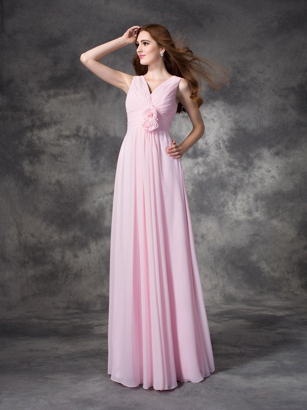 A-line/Princess V-neck Hand-Made Flower Sleeveless Long Chiffon Bridesmaid Dresses 2790