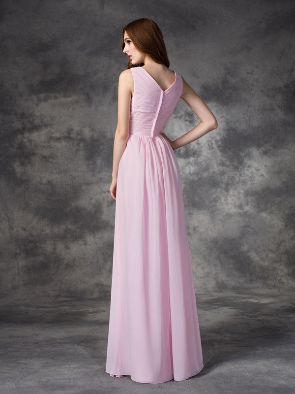 A-line/Princess V-neck Hand-Made Flower Sleeveless Long Chiffon Bridesmaid Dresses 2790