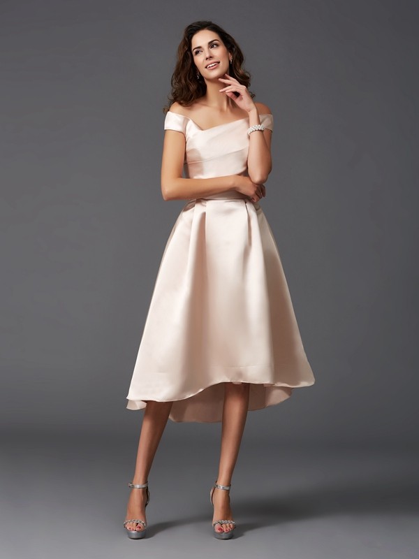 A-Line/Princess Off-the-Shoulder Sleeveless High Low Satin Bridesmaid Dresses 2360