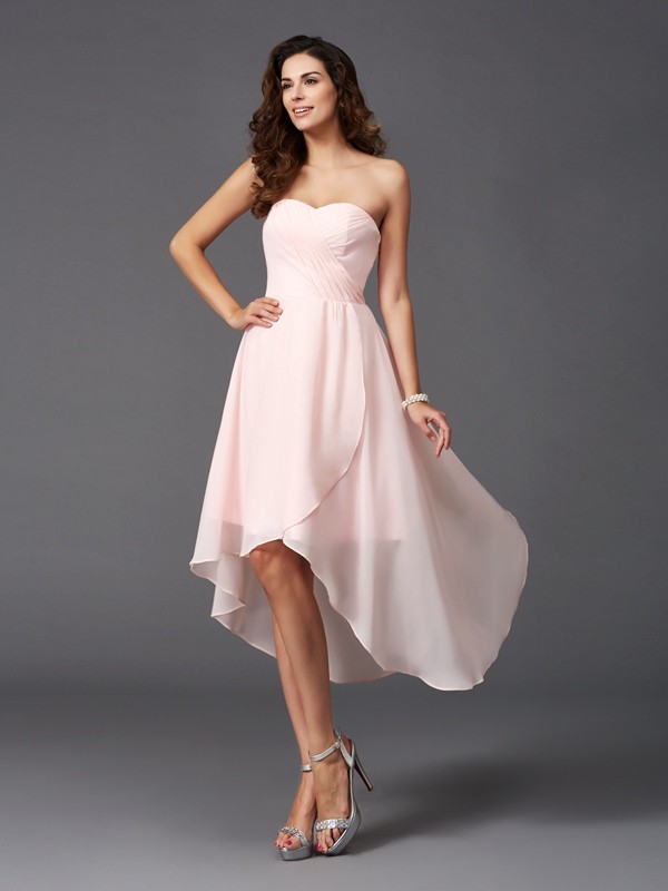 A-Line/Princess Sweetheart Ruffles Sleeveless High Low Chiffon Bridesmaid Dresses 2711