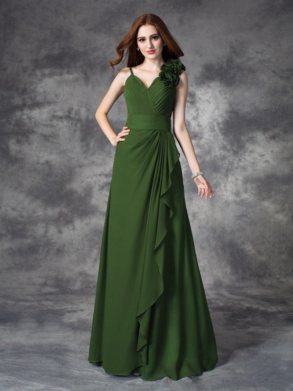 A-line/Princess V-neck Hand-Made Flower Sleeveless Long Chiffon Bridesmaid Dresses 2791