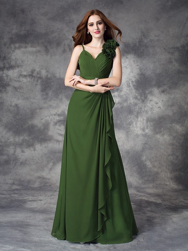 A-line/Princess V-neck Hand-Made Flower Sleeveless Long Chiffon Bridesmaid Dresses 2791