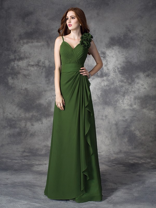 A-line/Princess V-neck Hand-Made Flower Sleeveless Long Chiffon Bridesmaid Dresses 2791