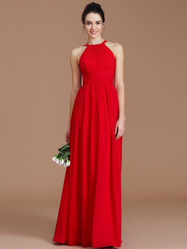 A-Line/Princess Halter Sleeveless Ruched Floor-Length Chiffon Bridesmaid Dresses 2300