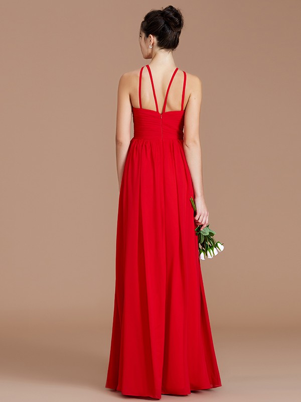 A-Line/Princess Halter Sleeveless Ruched Floor-Length Chiffon Bridesmaid Dresses 2300