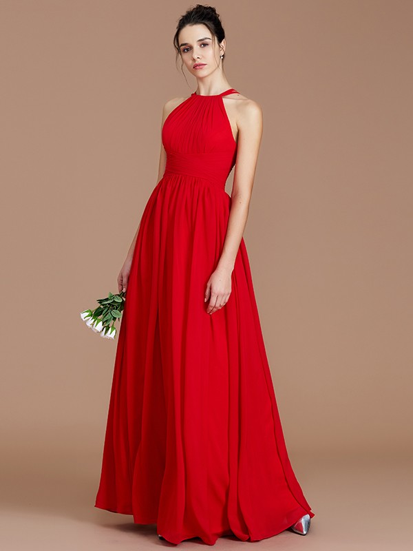 A-Line/Princess Halter Sleeveless Ruched Floor-Length Chiffon Bridesmaid Dresses 2300