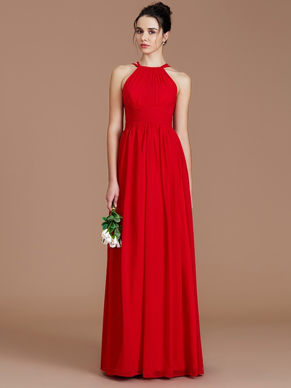 A-Line/Princess Halter Sleeveless Ruched Floor-Length Chiffon Bridesmaid Dresses 2300