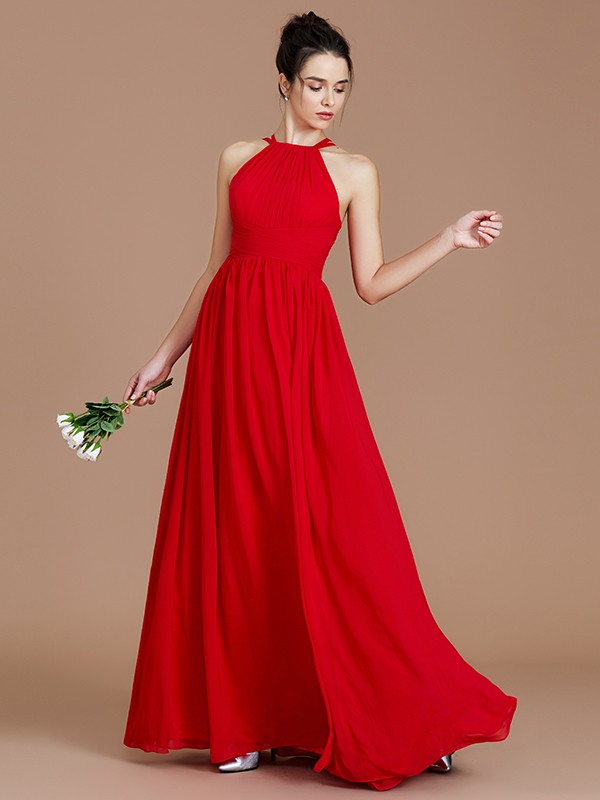 A-Line/Princess Halter Sleeveless Ruched Floor-Length Chiffon Bridesmaid Dresses 2300