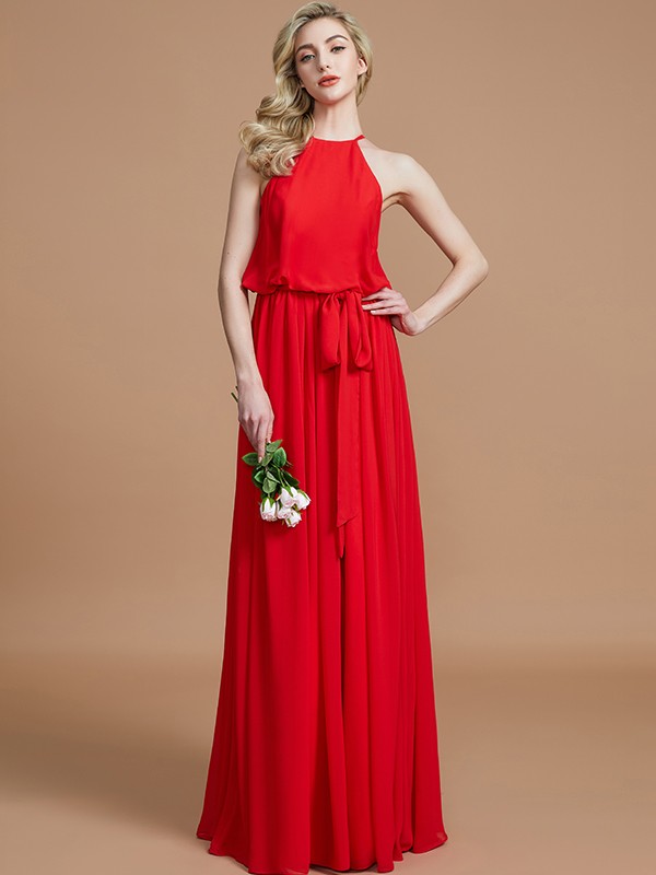 A-Line/Princess Halter Sleeveless Sash/Ribbon/Belt Floor-Length Chiffon Bridesmaid Dresses 2306