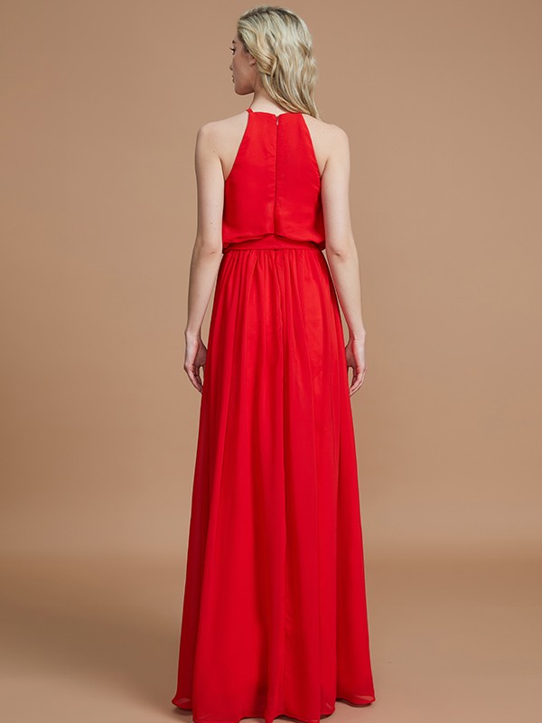 A-Line/Princess Halter Sleeveless Sash/Ribbon/Belt Floor-Length Chiffon Bridesmaid Dresses 2306