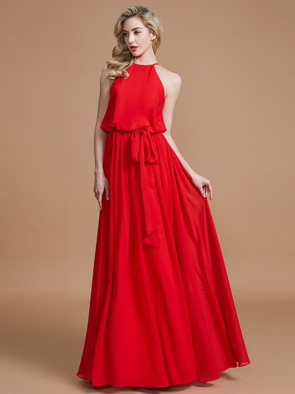 A-Line/Princess Halter Sleeveless Sash/Ribbon/Belt Floor-Length Chiffon Bridesmaid Dresses 2306