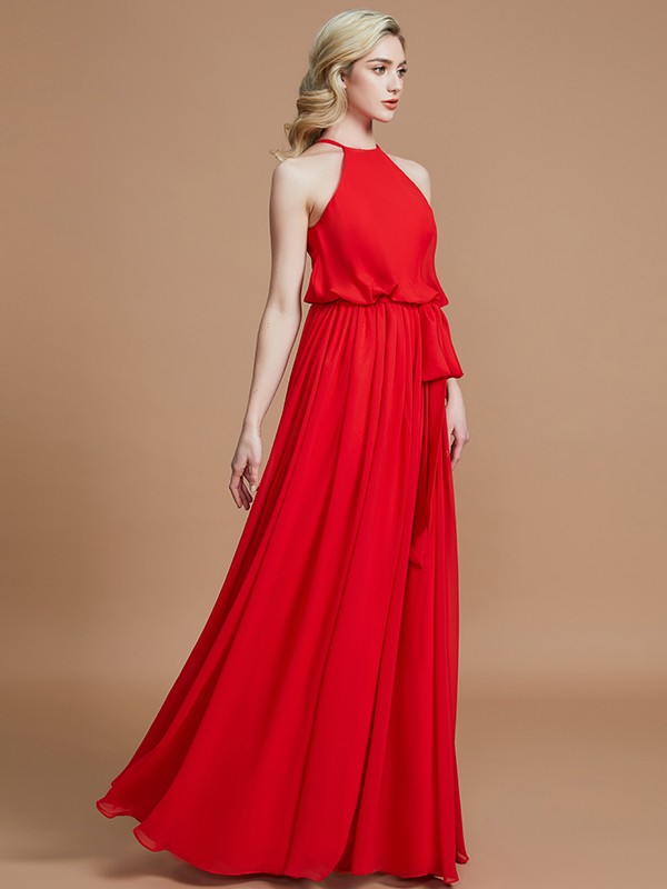 A-Line/Princess Halter Sleeveless Sash/Ribbon/Belt Floor-Length Chiffon Bridesmaid Dresses 2306