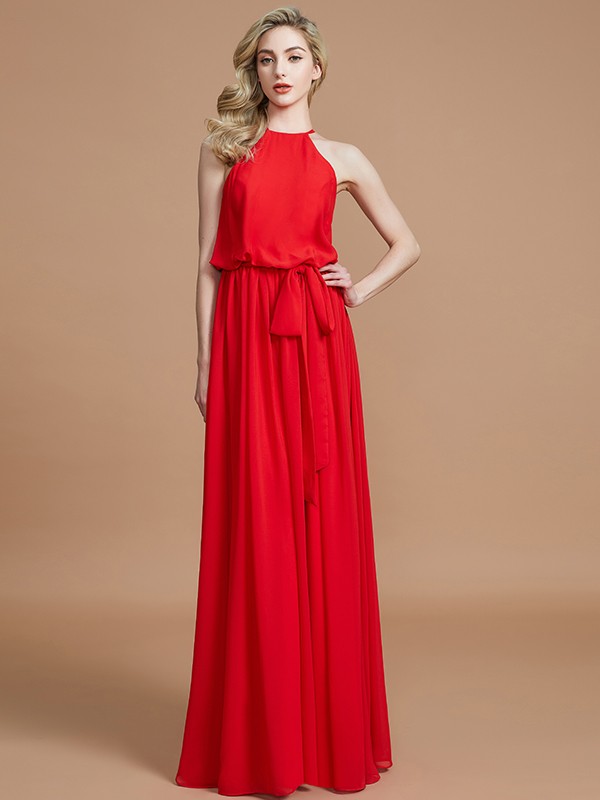 A-Line/Princess Halter Sleeveless Sash/Ribbon/Belt Floor-Length Chiffon Bridesmaid Dresses 2306