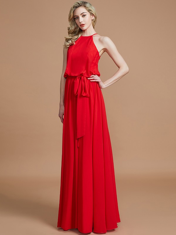 A-Line/Princess Halter Sleeveless Sash/Ribbon/Belt Floor-Length Chiffon Bridesmaid Dresses 2306