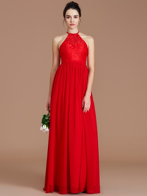 A-Line/Princess Halter Sleeveless Lace Floor-Length Chiffon Bridesmaid Dresses 2293