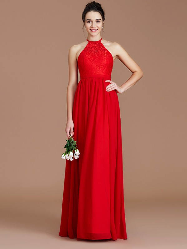 A-Line/Princess Halter Sleeveless Lace Floor-Length Chiffon Bridesmaid Dresses 2293