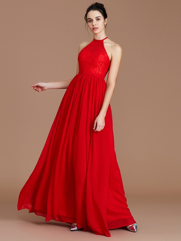 A-Line/Princess Halter Sleeveless Lace Floor-Length Chiffon Bridesmaid Dresses 2293