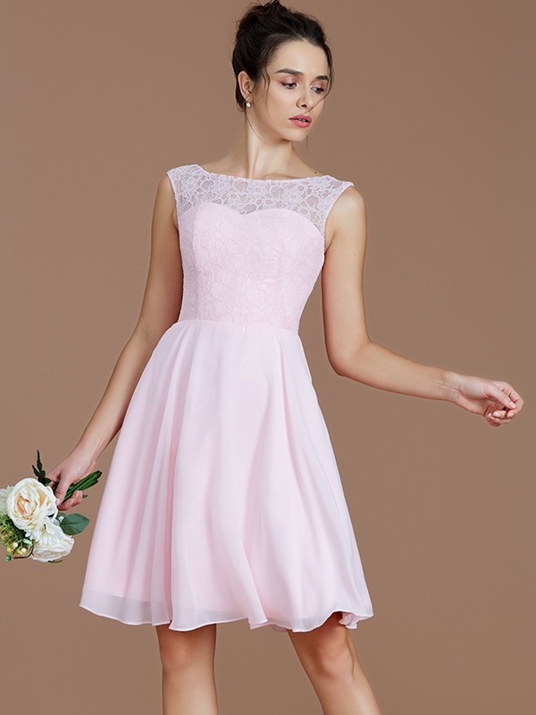 A-Line/Princess Bateau Sleeveless Lace Short/Mini Chiffon Bridesmaid Dresses 2112