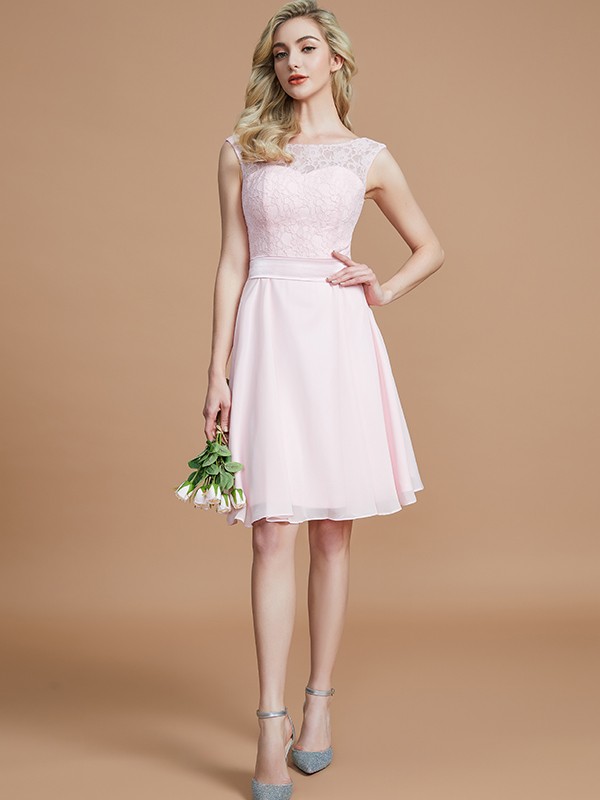 A-Line/Princess Bateau Sleeveless Lace Short/Mini Chiffon Bridesmaid Dresses 2113