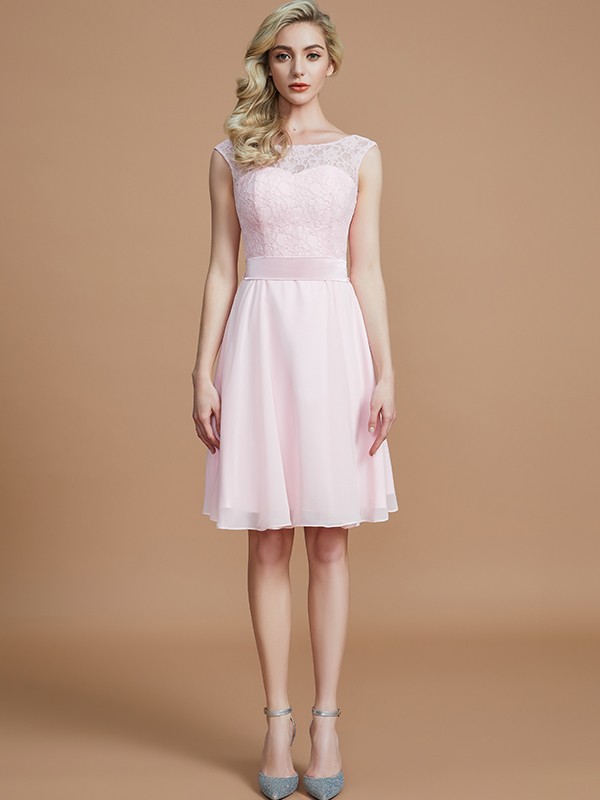 A-Line/Princess Bateau Sleeveless Lace Short/Mini Chiffon Bridesmaid Dresses 2113