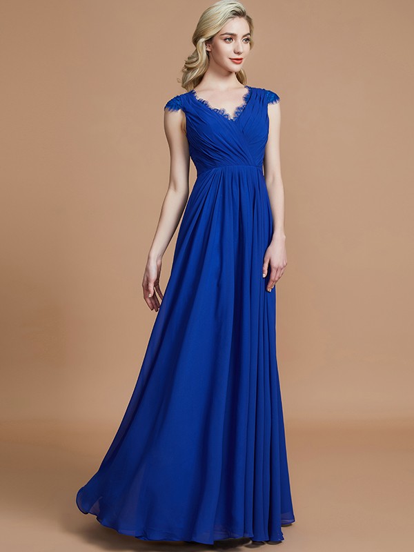 A-Line/Princess V-neck Sleeveless Ruched Floor-Length Chiffon Bridesmaid Dresses 2848