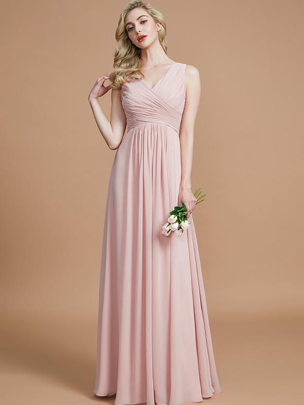 A-Line/Princess V-neck Sleeveless Ruched Floor-Length Chiffon Bridesmaid Dresses 2849