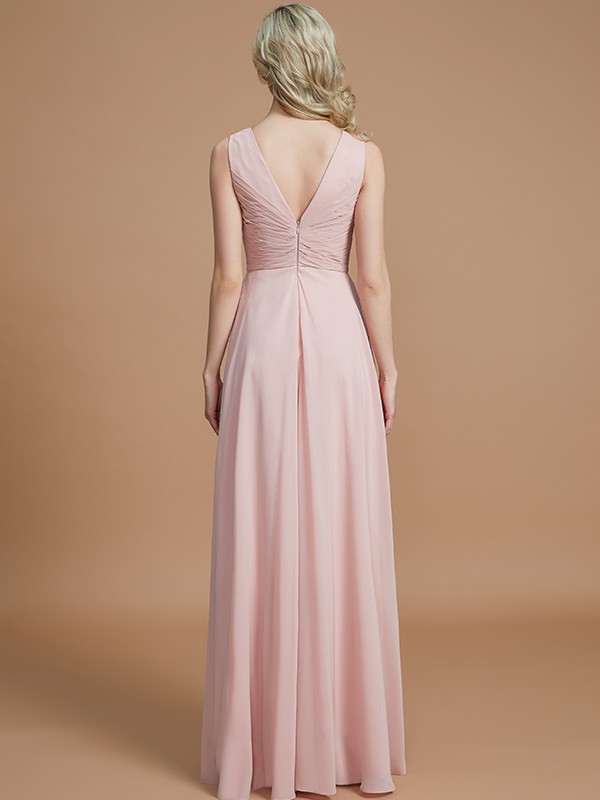 A-Line/Princess V-neck Sleeveless Ruched Floor-Length Chiffon Bridesmaid Dresses 2849