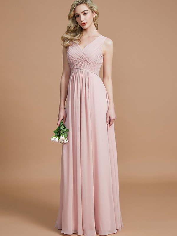 A-Line/Princess V-neck Sleeveless Ruched Floor-Length Chiffon Bridesmaid Dresses 2849