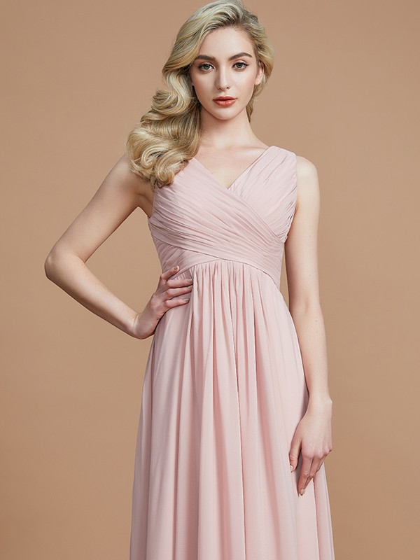 A-Line/Princess V-neck Sleeveless Ruched Floor-Length Chiffon Bridesmaid Dresses 2849