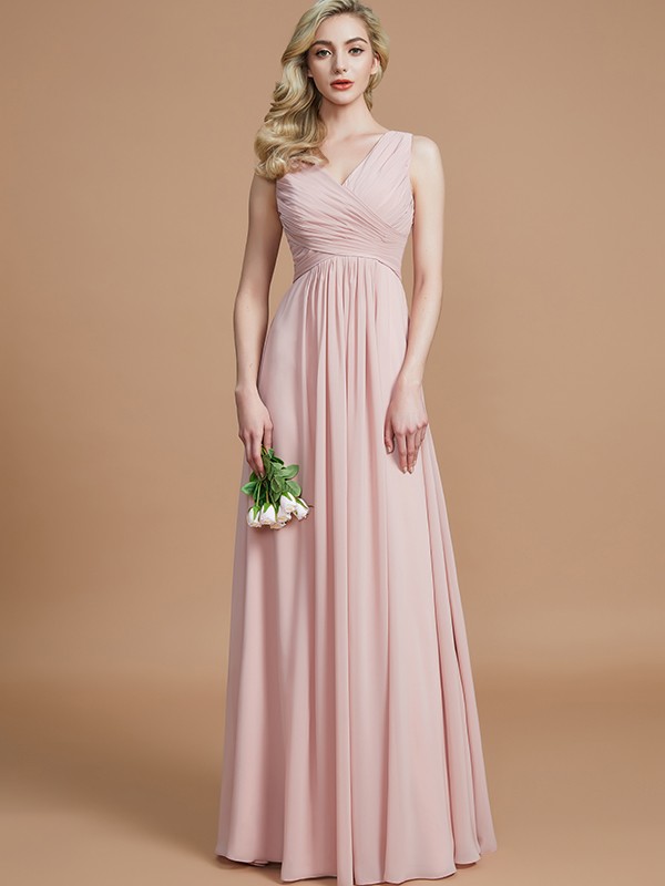 A-Line/Princess V-neck Sleeveless Ruched Floor-Length Chiffon Bridesmaid Dresses 2849