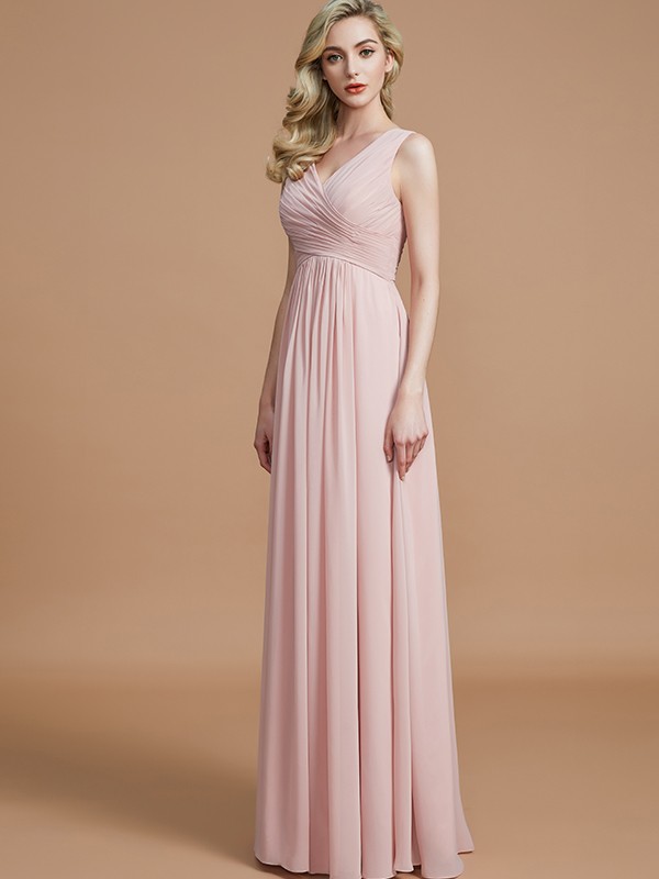 A-Line/Princess V-neck Sleeveless Ruched Floor-Length Chiffon Bridesmaid Dresses 2849