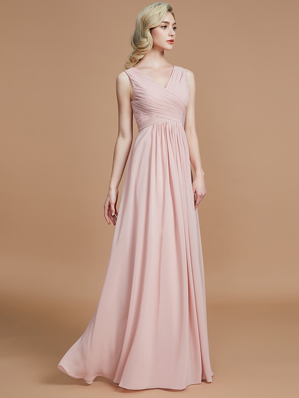 A-Line/Princess V-neck Sleeveless Ruched Floor-Length Chiffon Bridesmaid Dresses 2849