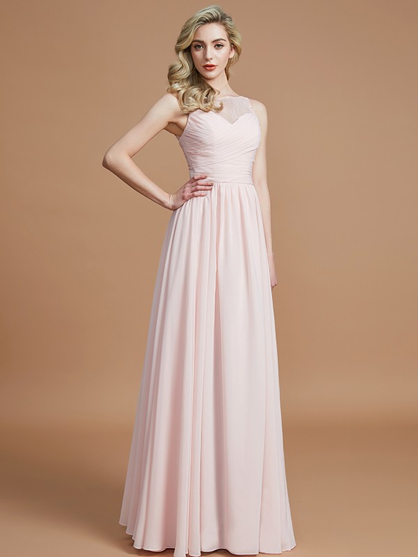 A-Line/Princess Bateau Sleeveless Ruched Floor-Length Chiffon Bridesmaid Dresses 2115