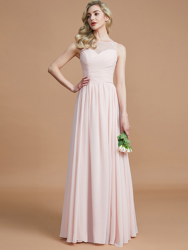 A-Line/Princess Bateau Sleeveless Ruched Floor-Length Chiffon Bridesmaid Dresses 2115