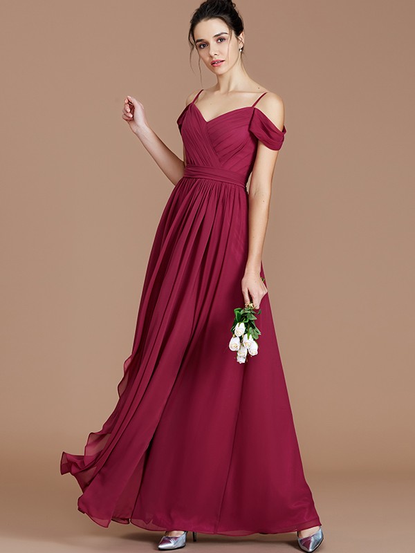 A-Line/Princess Off-the-Shoulder Sleeveless Ruched Floor-Length Chiffon Bridesmaid Dresses 2361