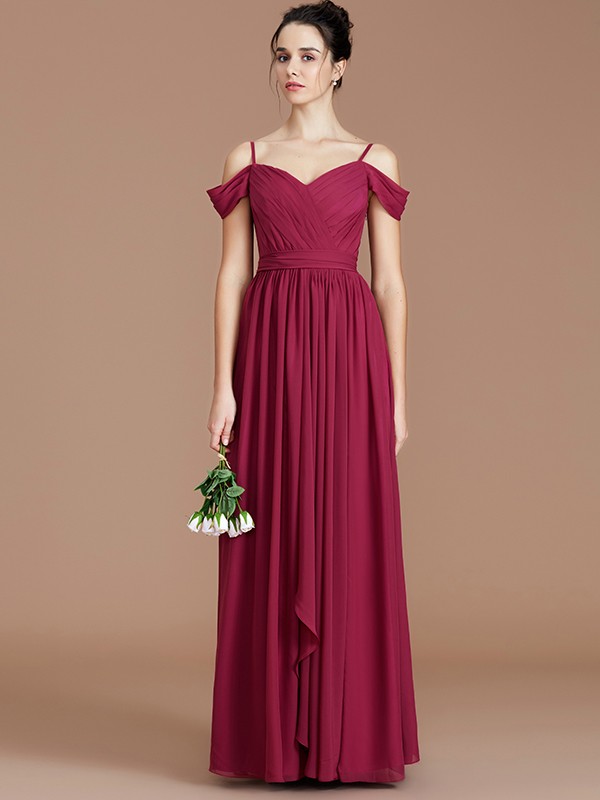 A-Line/Princess Off-the-Shoulder Sleeveless Ruched Floor-Length Chiffon Bridesmaid Dresses 2361