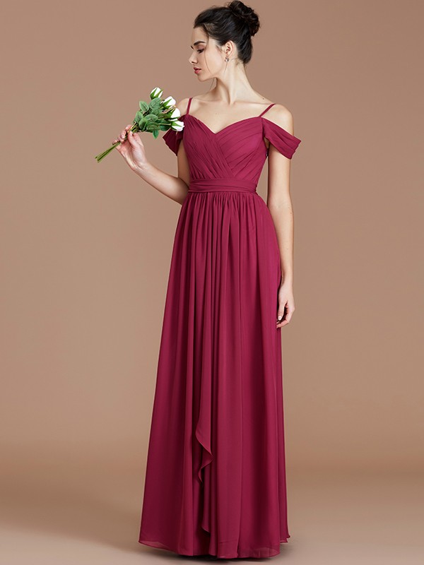 A-Line/Princess Off-the-Shoulder Sleeveless Ruched Floor-Length Chiffon Bridesmaid Dresses 2361