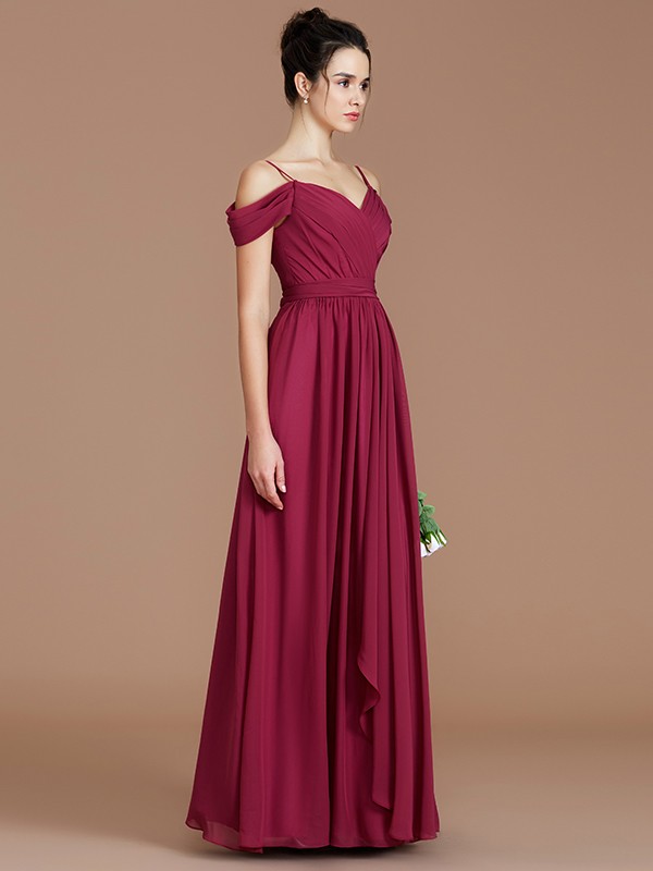 A-Line/Princess Off-the-Shoulder Sleeveless Ruched Floor-Length Chiffon Bridesmaid Dresses 2361