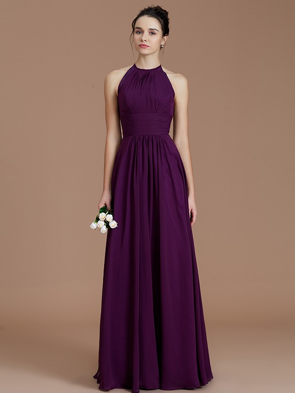 A-Line/Princess Halter Sleeveless Ruched Floor-Length Chiffon Bridesmaid Dresses 2301