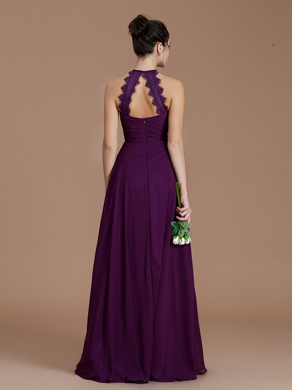 A-Line/Princess Halter Sleeveless Ruched Floor-Length Chiffon Bridesmaid Dresses 2301