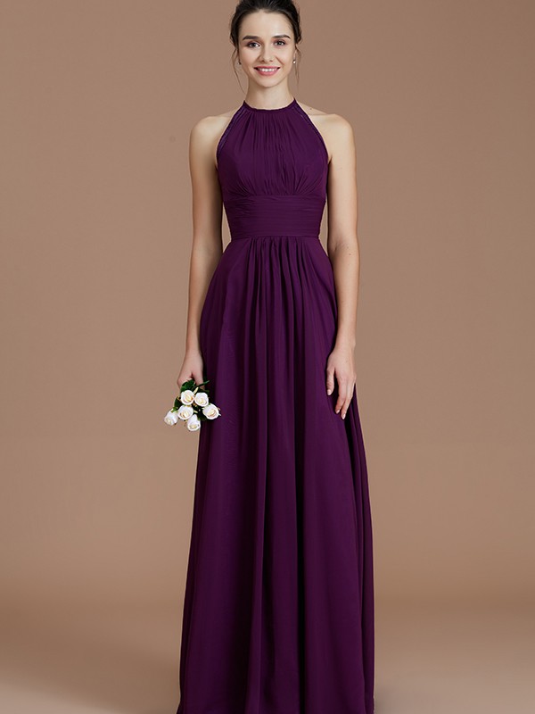 A-Line/Princess Halter Sleeveless Ruched Floor-Length Chiffon Bridesmaid Dresses 2301