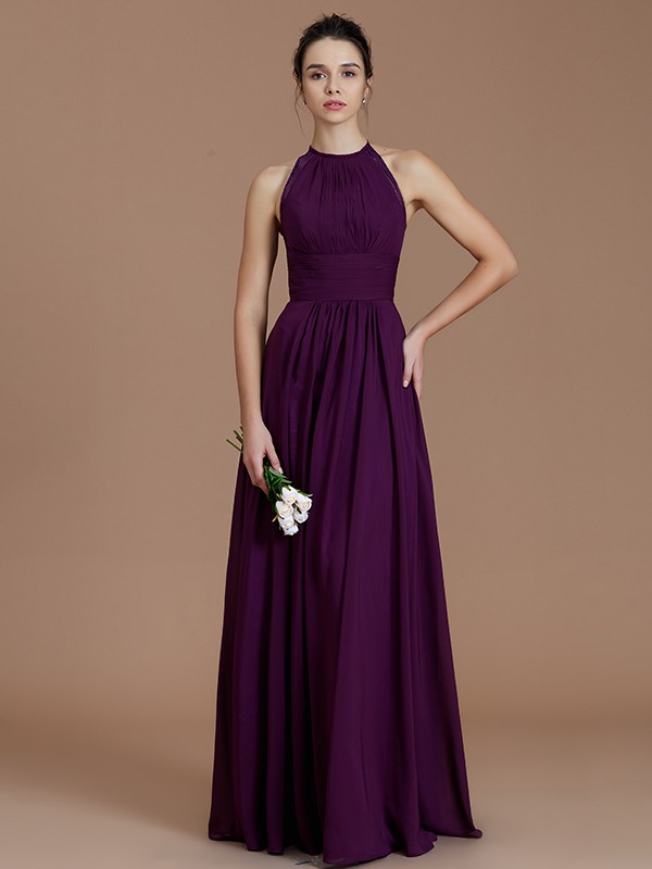 A-Line/Princess Halter Sleeveless Ruched Floor-Length Chiffon Bridesmaid Dresses 2301