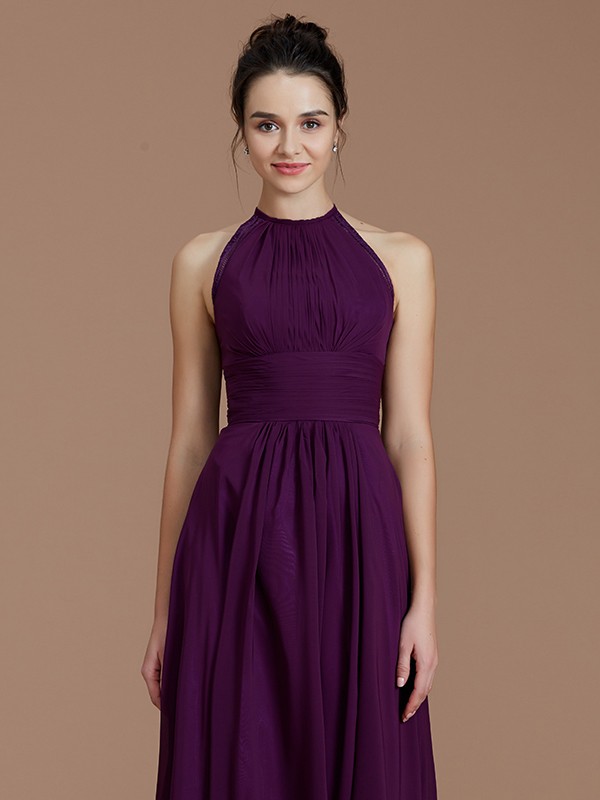 A-Line/Princess Halter Sleeveless Ruched Floor-Length Chiffon Bridesmaid Dresses 2301