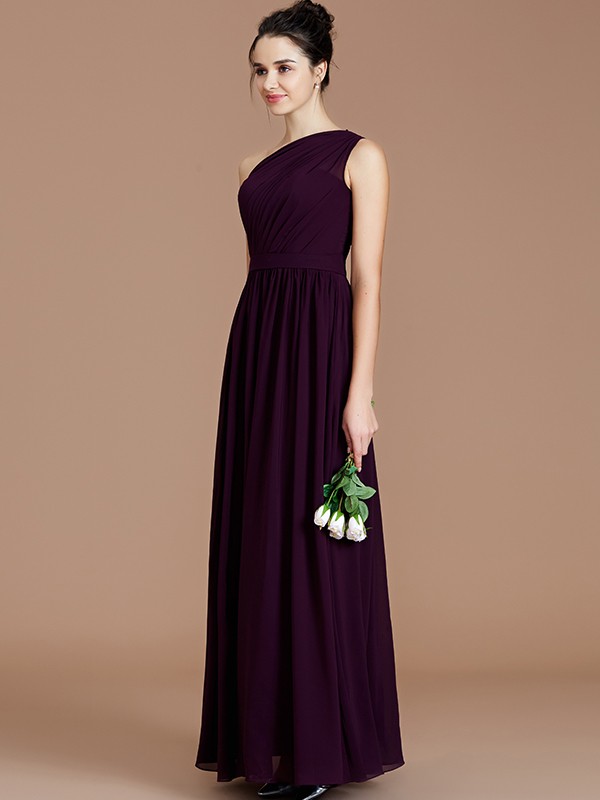 A-Line/Princess One-Shoulder Sleeveless Ruched Floor-Length Chiffon Bridesmaid Dresses 2413