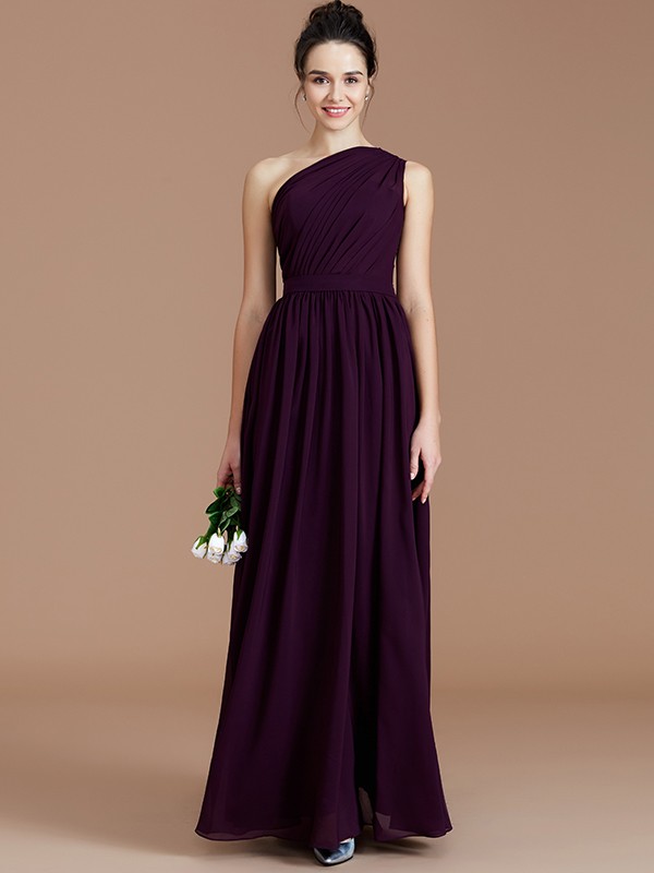 A-Line/Princess One-Shoulder Sleeveless Ruched Floor-Length Chiffon Bridesmaid Dresses 2413