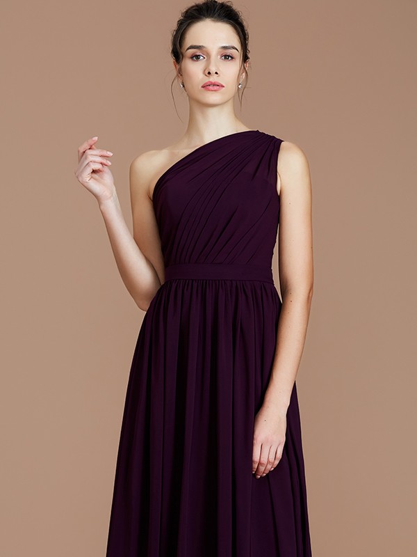 A-Line/Princess One-Shoulder Sleeveless Ruched Floor-Length Chiffon Bridesmaid Dresses 2413