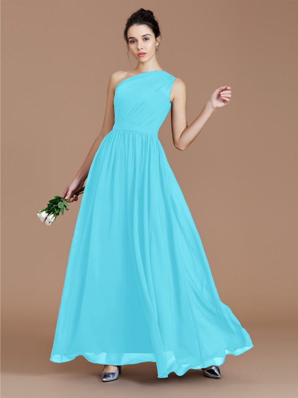 A-Line/Princess One-Shoulder Sleeveless Ruched Floor-Length Chiffon Bridesmaid Dresses 2413